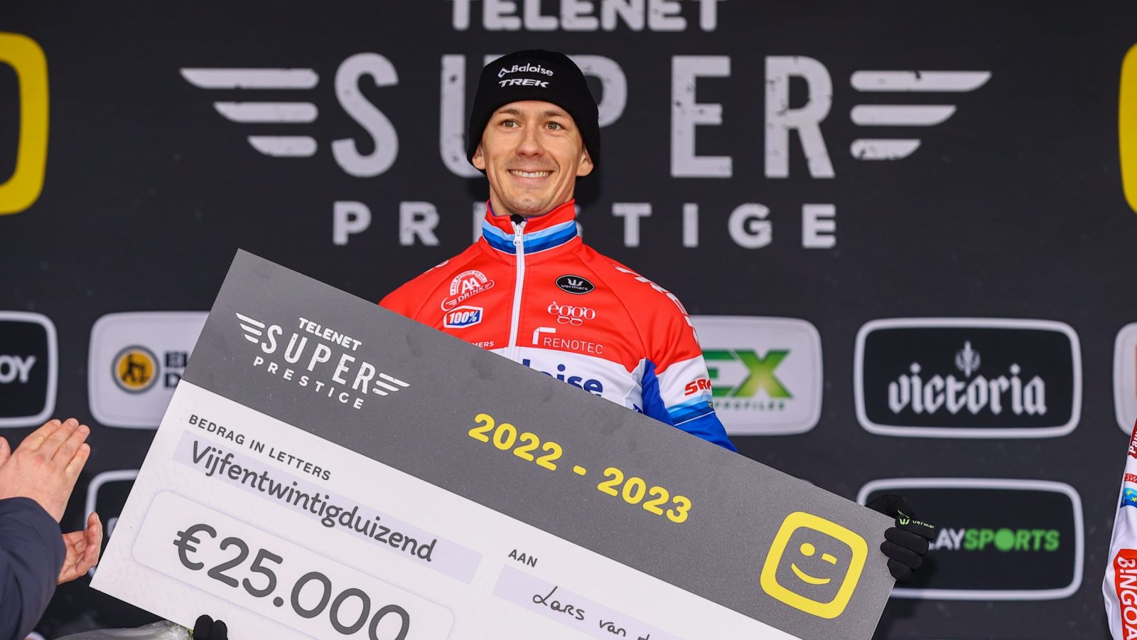 Winner of the overall ranking Dutch Lars Van Der Haar pictured on the podium after the men elite race of the 'Noordzeecross' cyclocross cycling event in Middelkerke, the last race of the Superprestige competition on Saturday 11 February 2023. BELGA PHOTO DAVID PINTENS