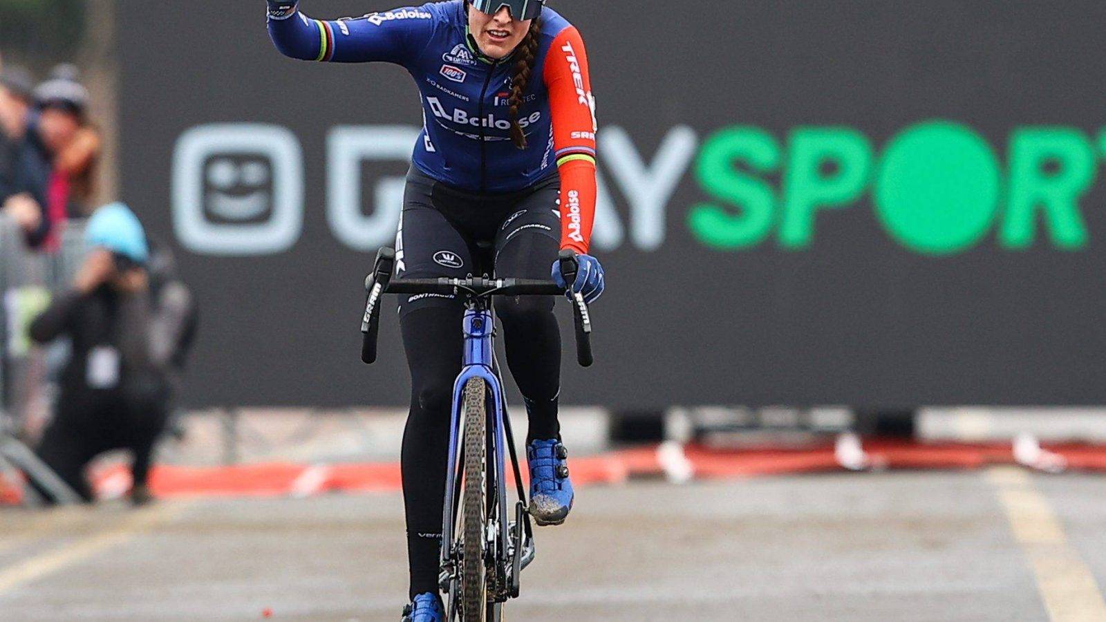 Dutch Lucinda Brand crosses the finish line at the women elite race of the 'Noordzeecross' cyclocross cycling event in Middelkerke, the last race of the Superprestige competition on Saturday 11 February 2023. BELGA PHOTO DAVID PINTENS